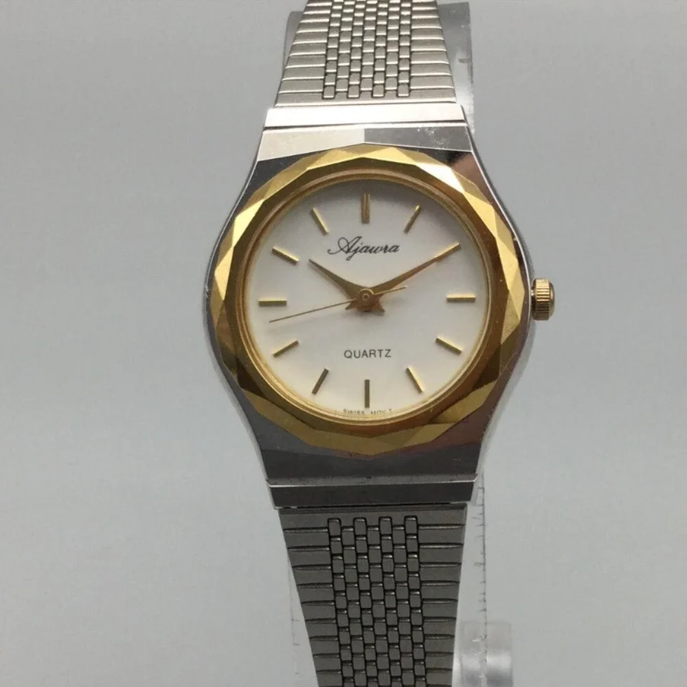 Ajawra Womens Watch 23mm White Dial Two Tone Bracelet Swiss New Battery